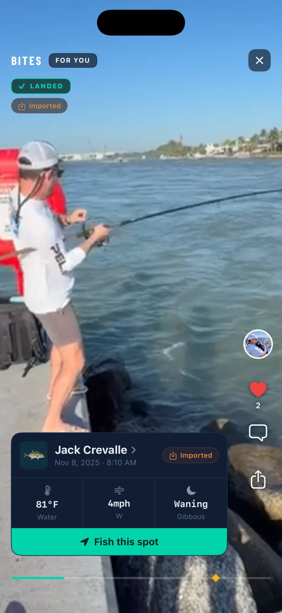 The same Bite after the reveal, the badge now reading Landed and the card open to show Jack Crevalle with 81 degree water, 4 mile per hour wind and a waning gibbous moon, above a button to fish this spot