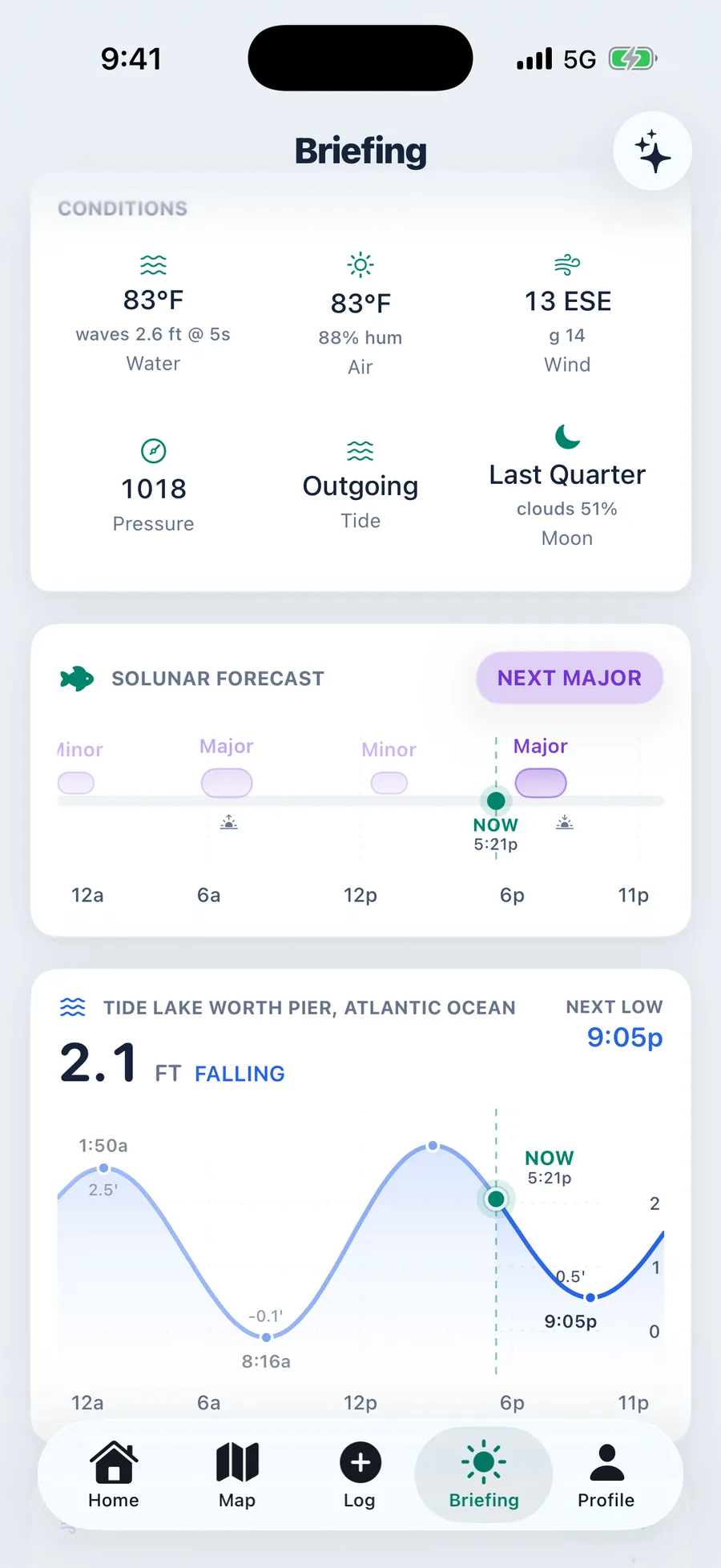 Conditions grid with water temperature, air temperature, wind, pressure, tide, and moon phase