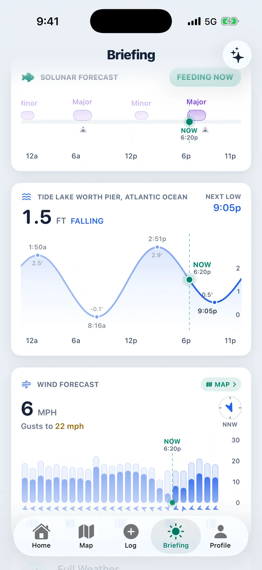 The NOAA tide curve for Lake Worth Pier marked falling through 1.5 feet, with a live now line at 6:20pm and all four turns timed, high 1:50a at 2.5 feet, low 8:16a, high 2:51p at 2.9 feet and low 9:05p