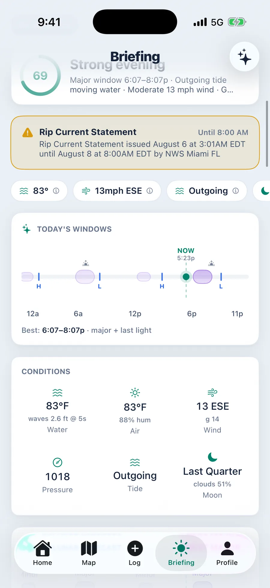 Cobia briefing showing a bite score of 69 labeled Strong evening with the contributing conditions listed