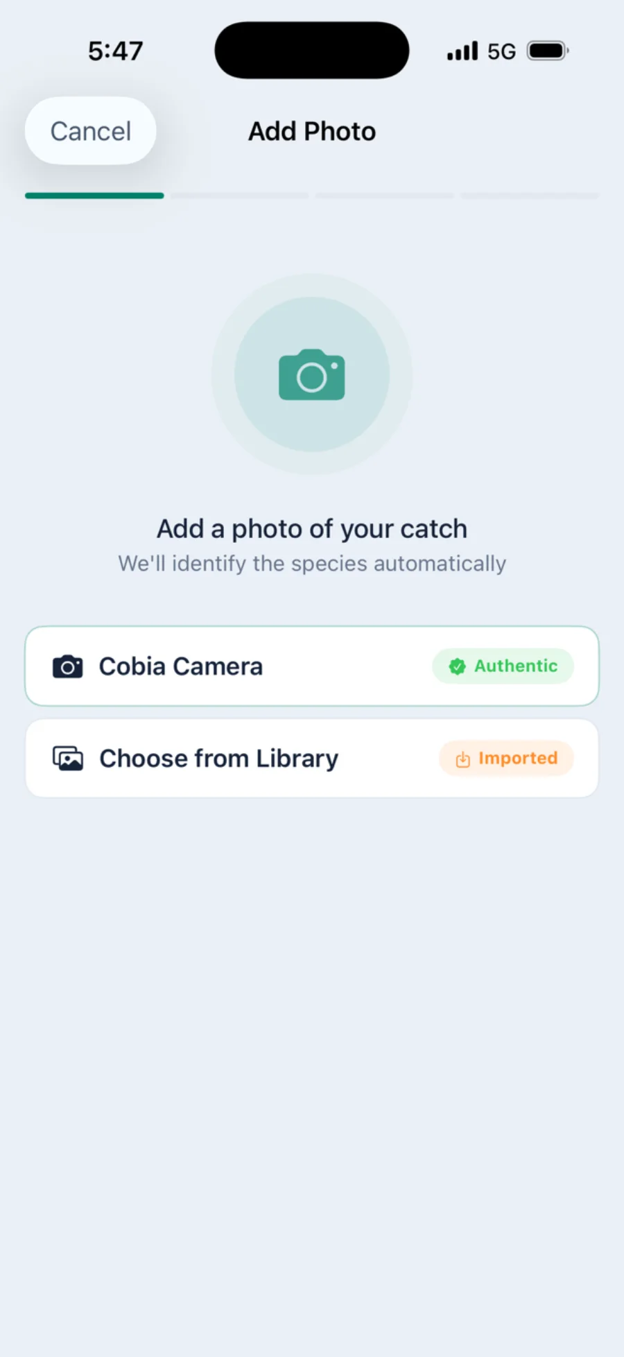 The catch capture choice showing a green Authentic badge on Cobia Camera and a copper Imported badge on Choose from Library