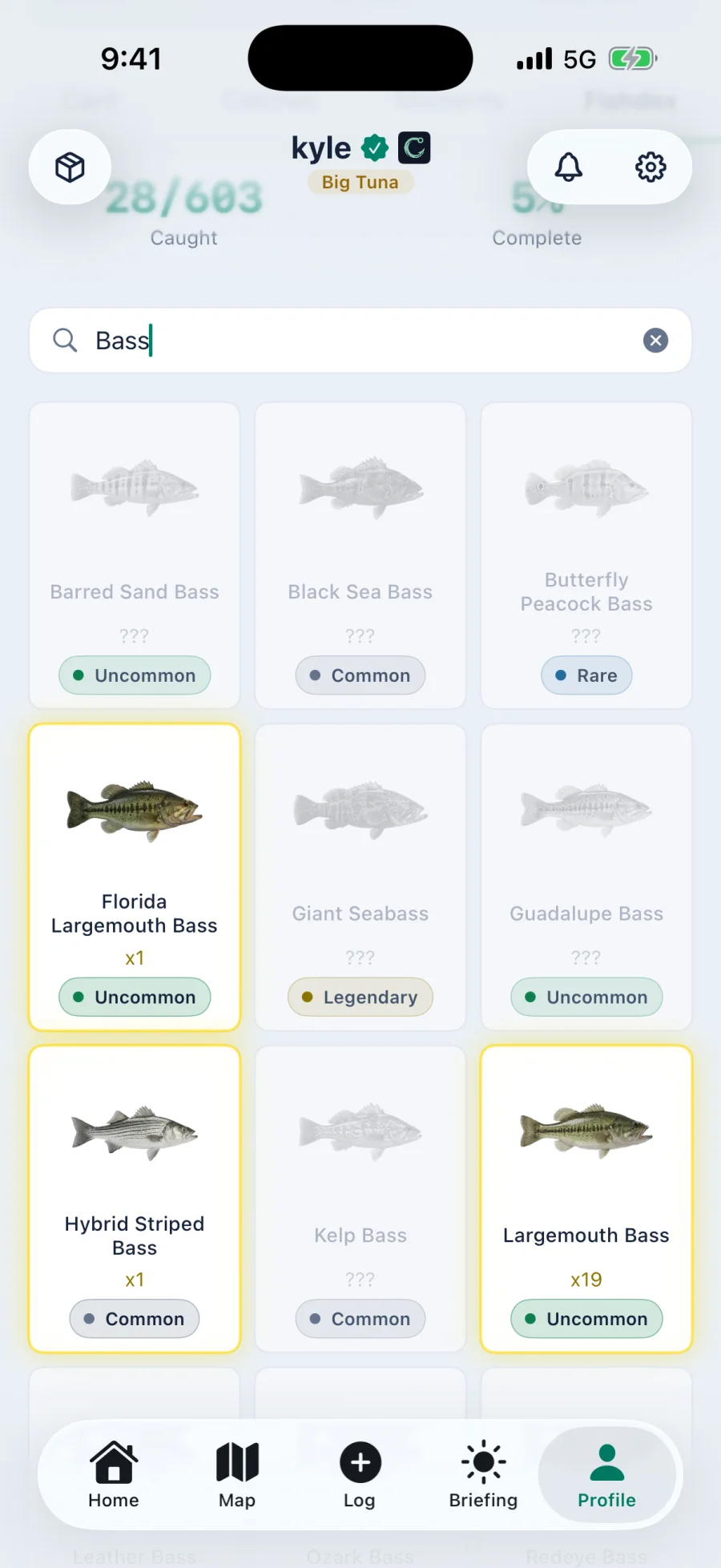 The Cobia Fishdex with caught species in full color behind gold borders beside gray silhouettes for the ones still to catch