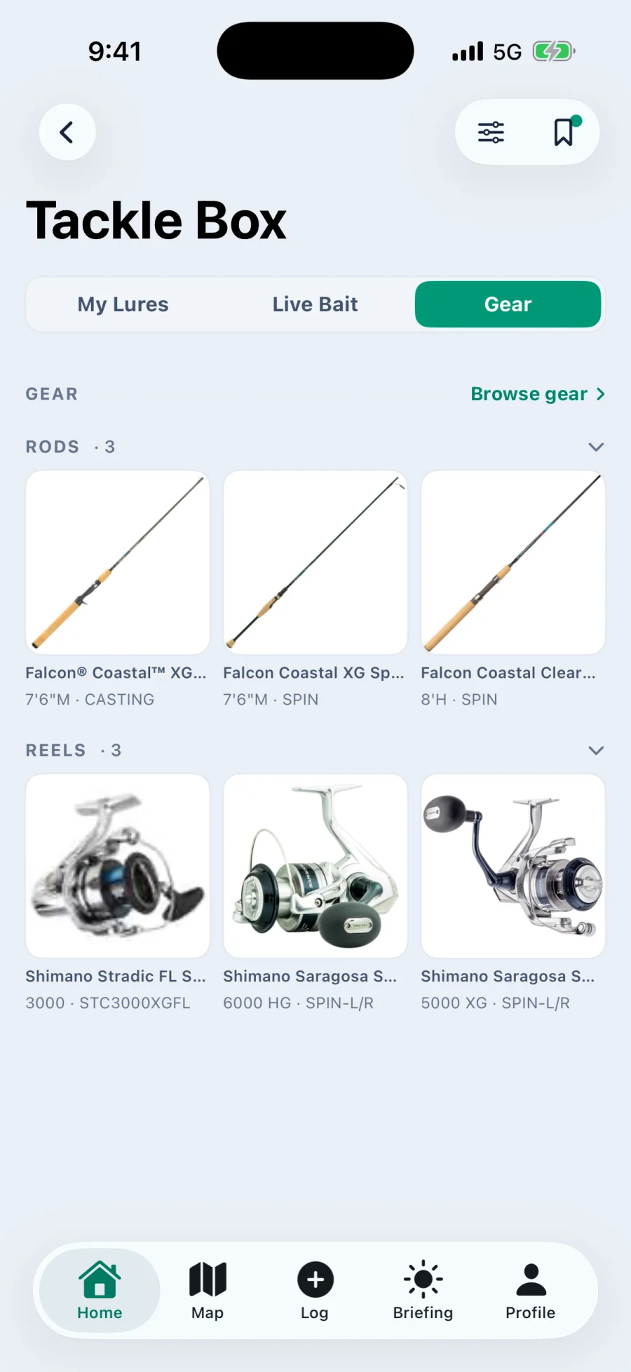 The Gear tab of the tackle box showing three Falcon Coastal rods with their length, power and action, and three Shimano reels with their sizes