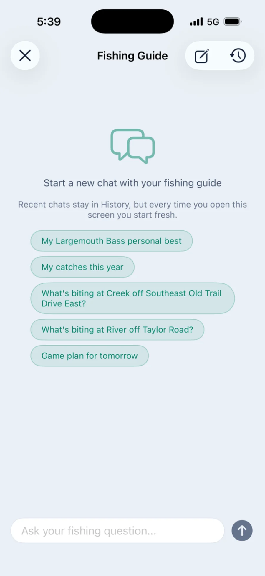 The Cobia fishing guide start screen with suggestion chips for personal bests, nearby water, and a game plan