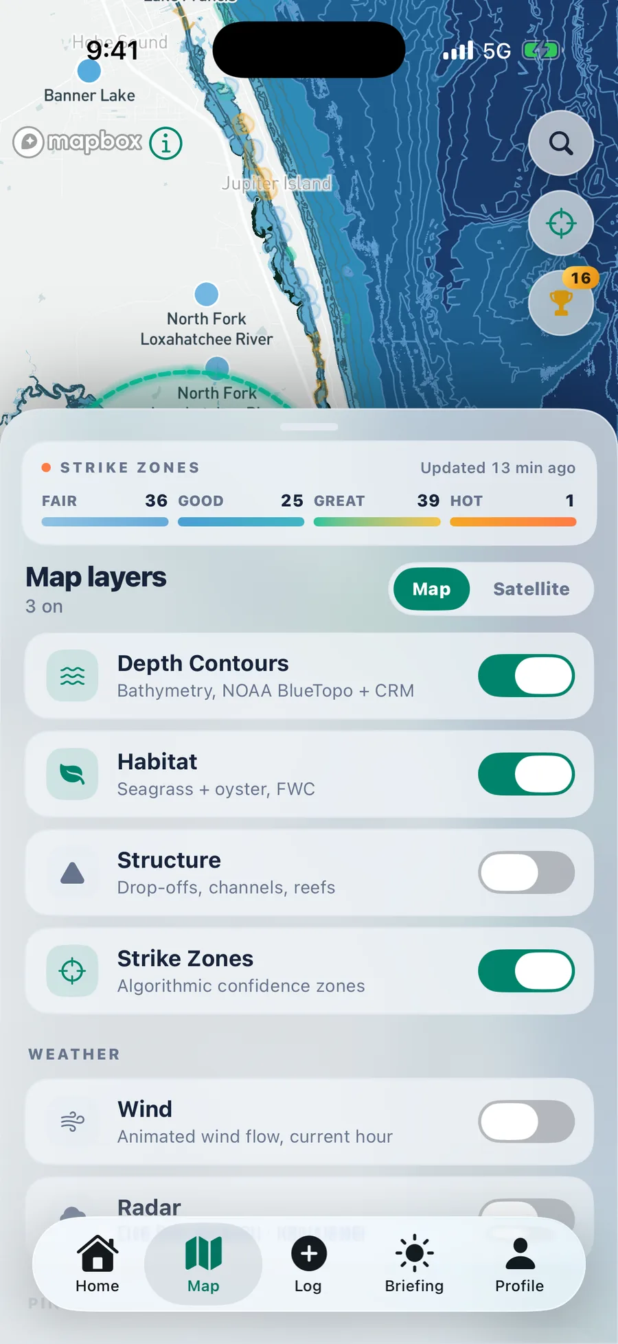 Habitat layer toggle showing seagrass and oyster data sourced from FWC