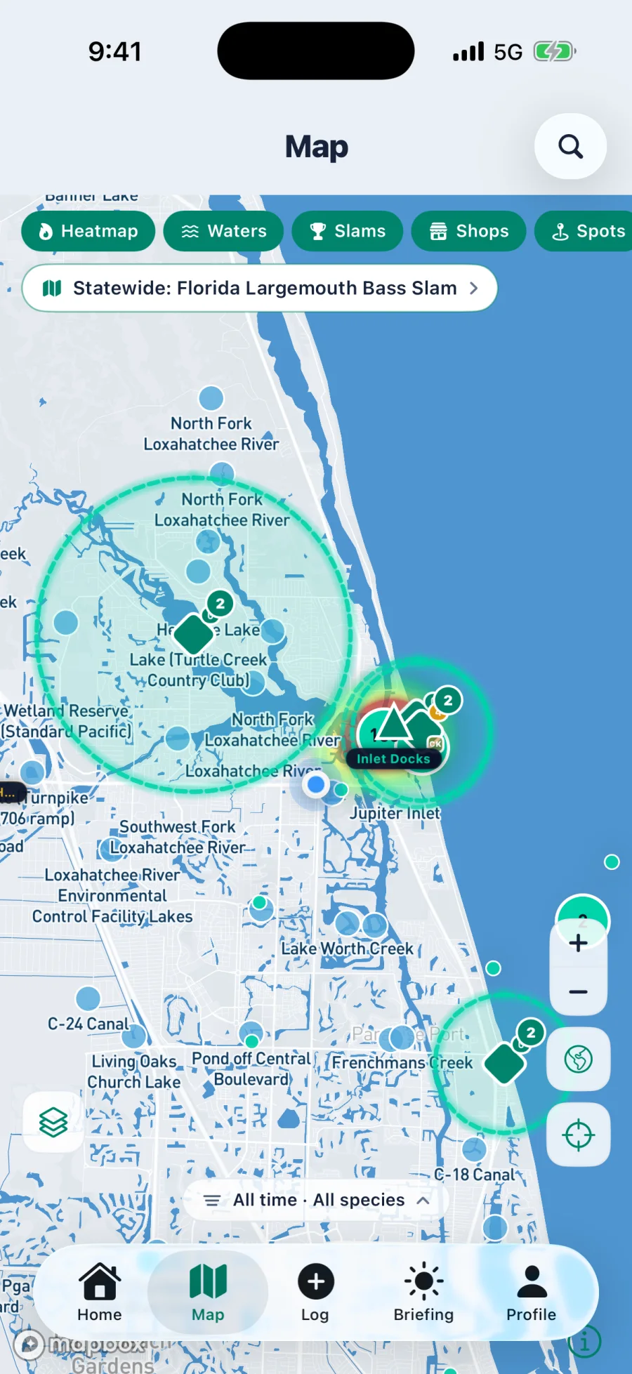 The Cobia map showing catch activity across water bodies with named spots and Slam fences