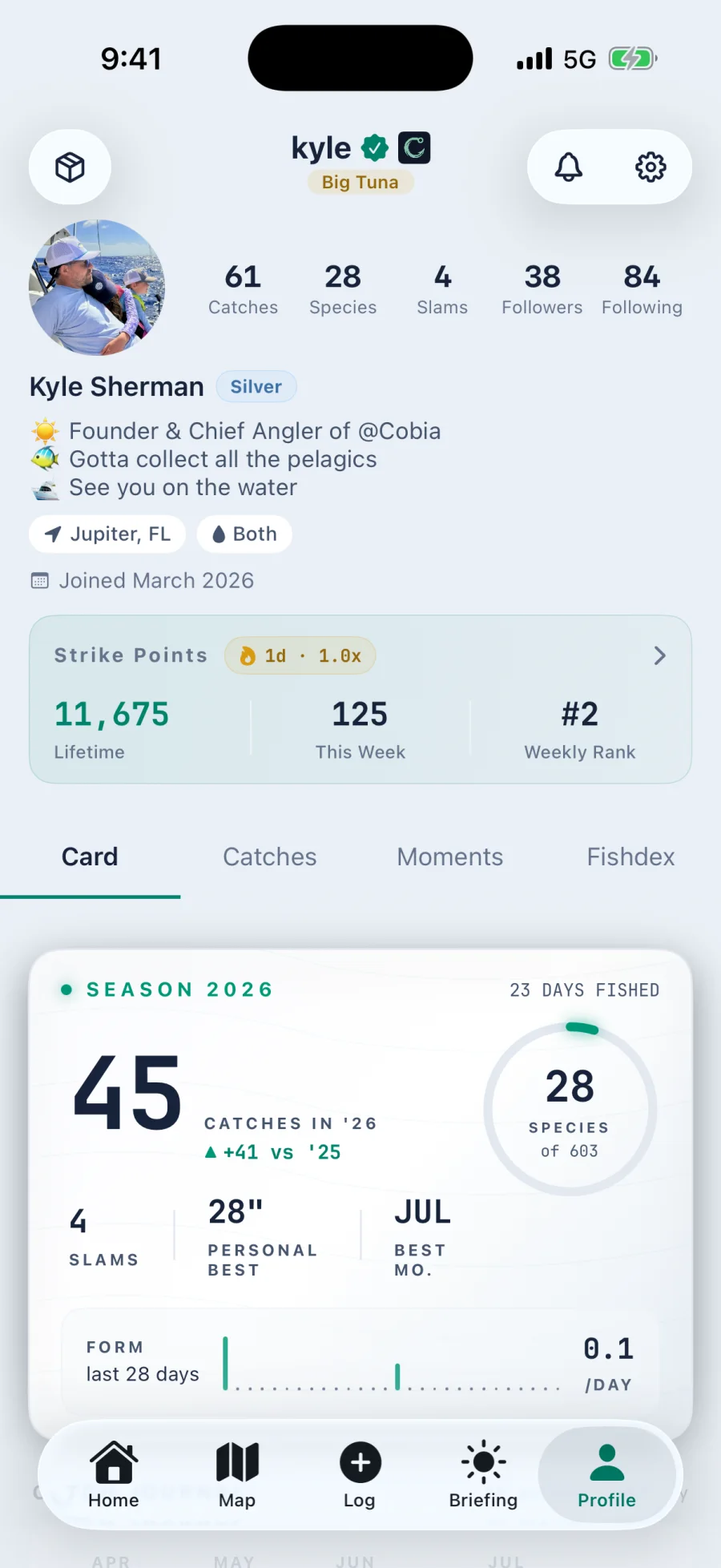 A Cobia angler profile showing catches, species, slams, and season statistics