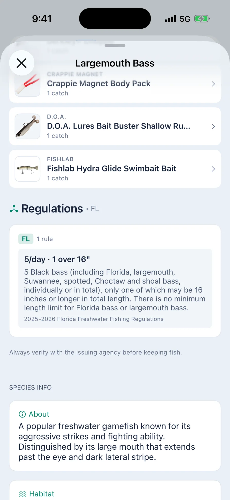 The regulations block on a largemouth bass species page, scoped to Florida, reading five a day with only one over sixteen inches, the rule quoted in full, cited to the 2025 to 2026 Florida Freshwater Fishing Regulations, above a line telling you to verify with the issuing agency before keeping fish