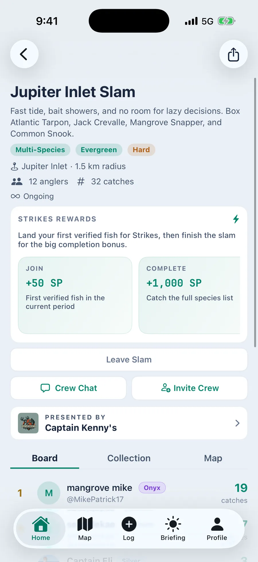 A Cobia Slam page showing the target species, the period, the Strikes reward and the leaderboard