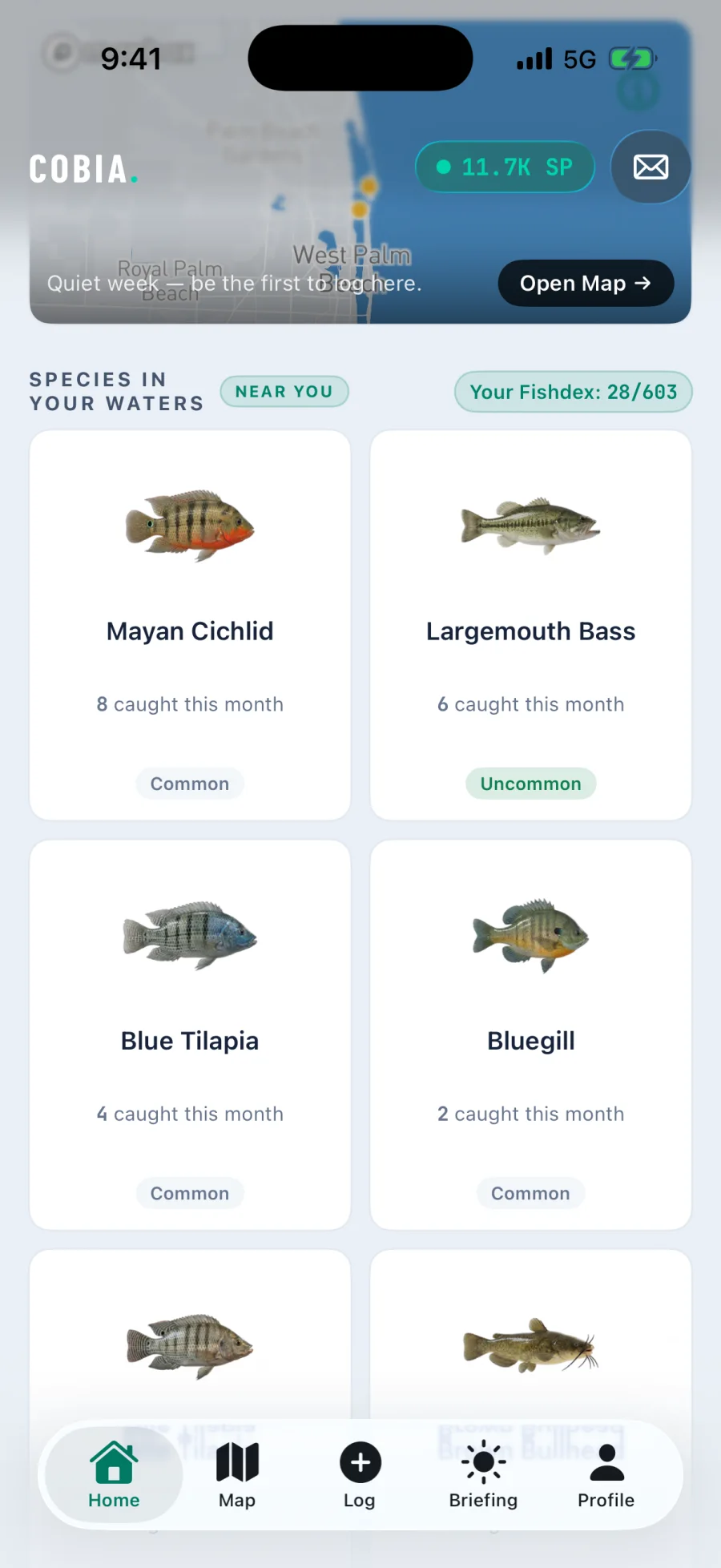 A home screen panel headed species in your waters showing Mayan Cichlid, Largemouth Bass, Blue Tilapia, Bluegill, Nile Tilapia and Brown Bullhead with how many of each were caught this month nearby