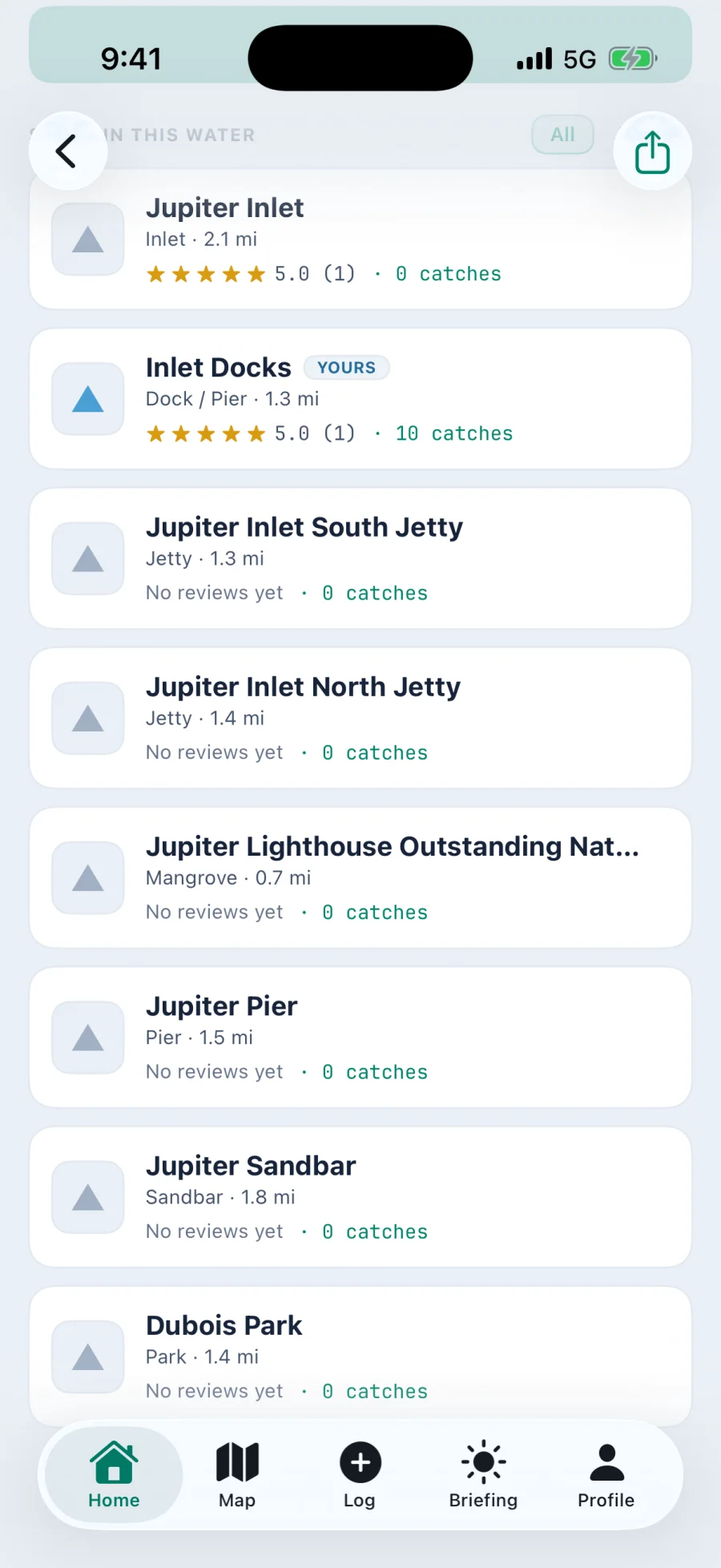 A list of spots in one water body including an inlet, a dock and pier marked Yours, two jetties, a mangrove, a pier, a sandbar and a park, each with a star rating or the words no reviews yet, and a catch count