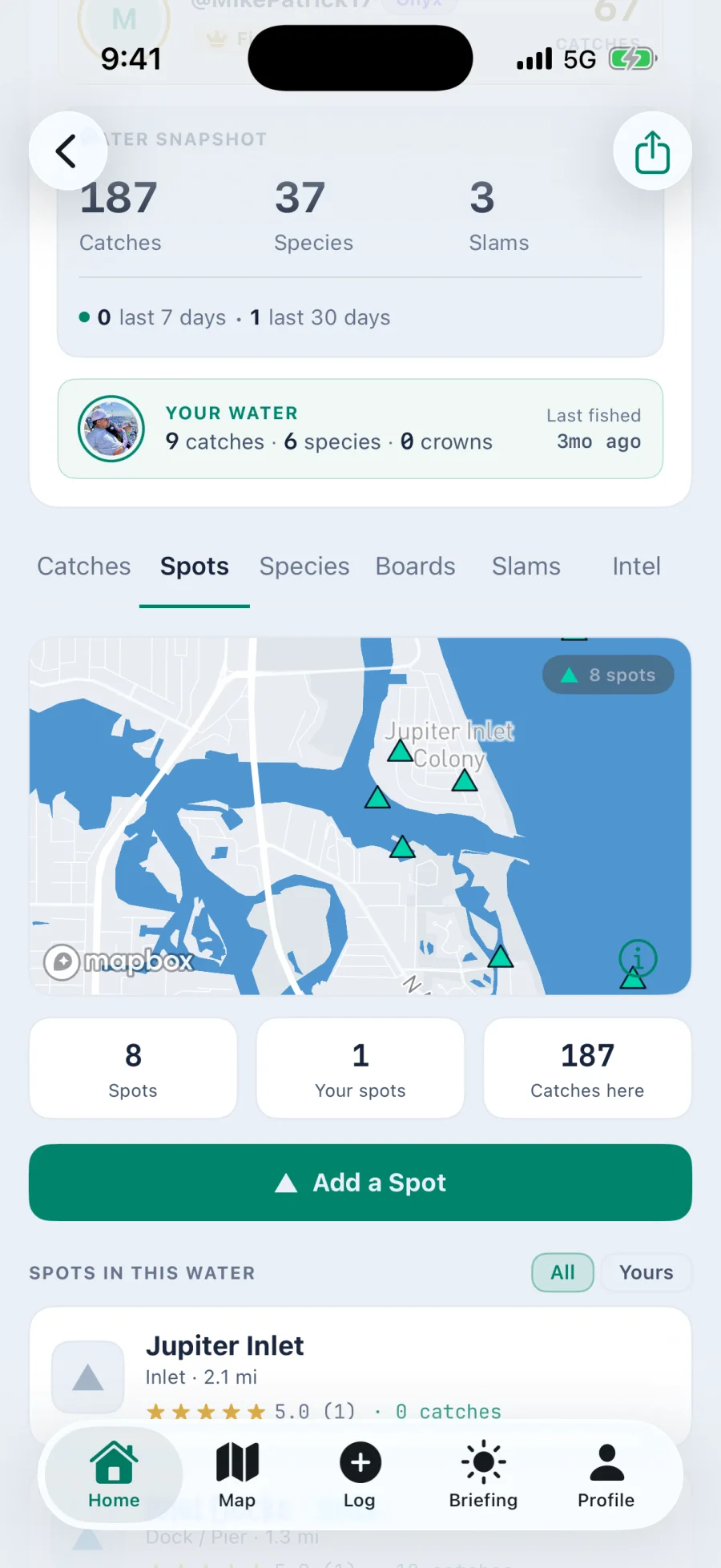 The Spots tab of the Jupiter Inlet water body page showing eight spots pinned on a map, a count of how many are yours, the catches logged across all of them, and a button to add a spot