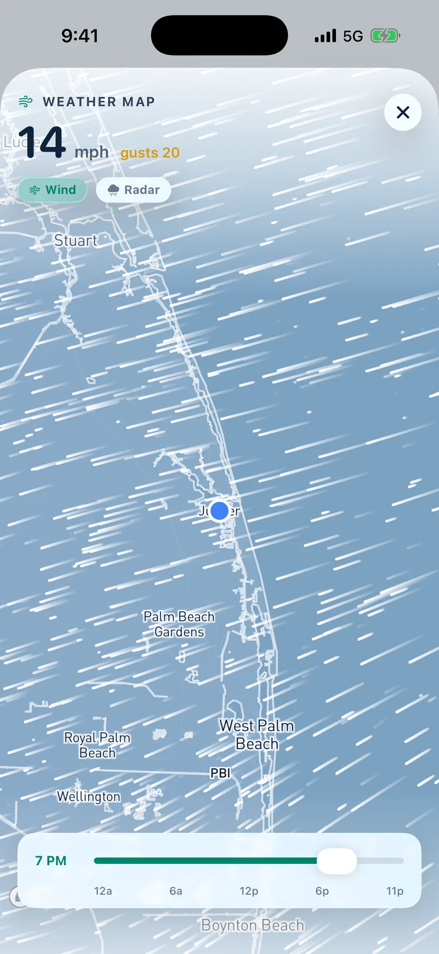 Animated wind particle field over the Florida coast between Fort Pierce and Delray Beach reading 11 miles per hour gusting 15, with a radar toggle and an hour scrubber set to 3 PM